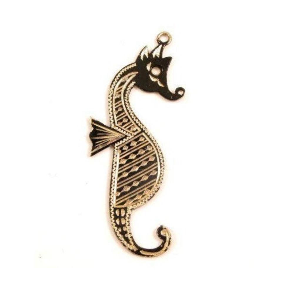 Vintage Black Gold Etched Seahorse Pendant Charm Nautical Damascene Style 2 Inch